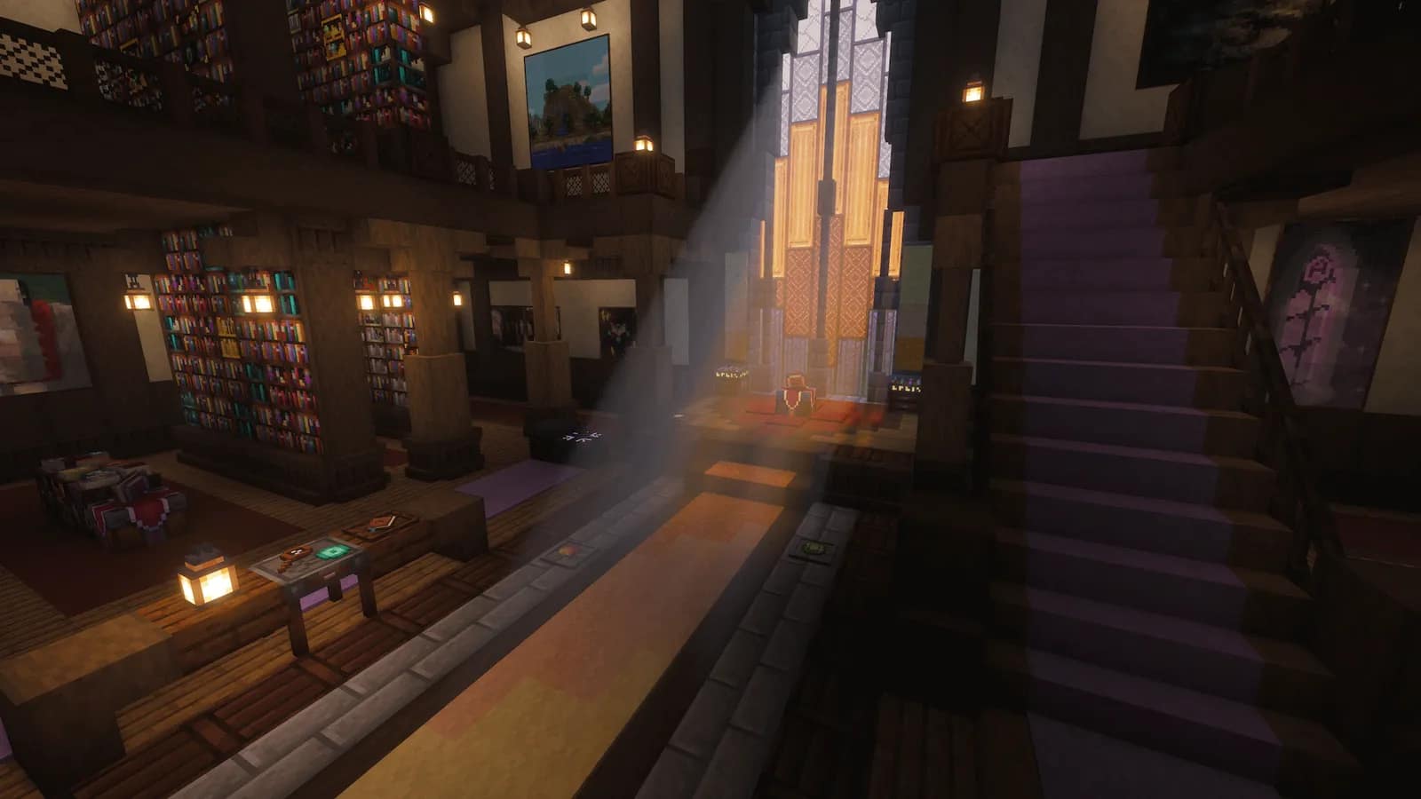 A lantern-lit Minecraft library build from the All the Mods 11 gallery