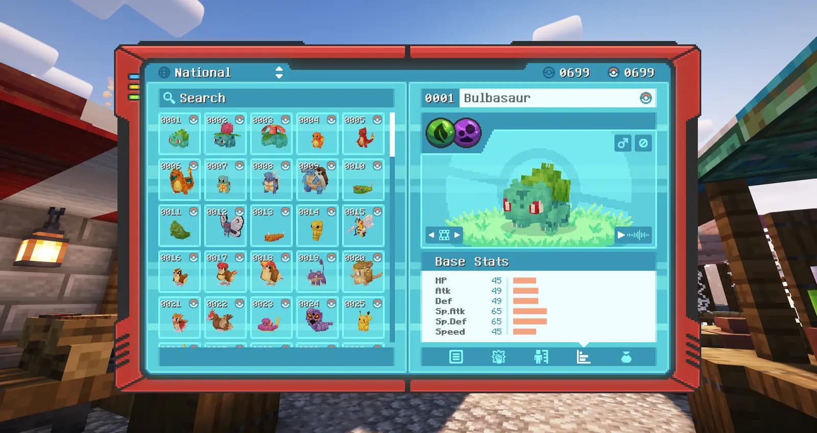 The Cobblemon Pokédex screen open inside a Minecraft world
