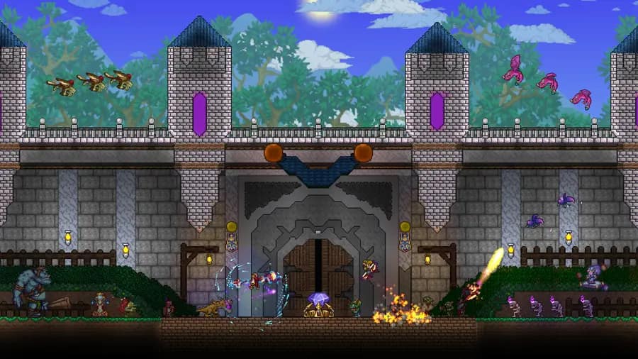 A stone castle gate under siege, with players and their summons fighting on the drawbridge while wyverns circle the towers