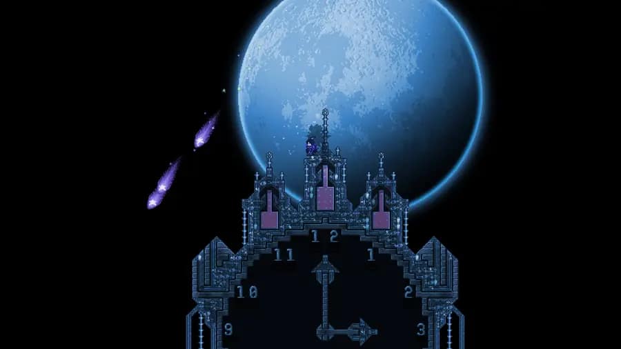 A player standing on a clock tower under an enormous blue moon as meteors fall
