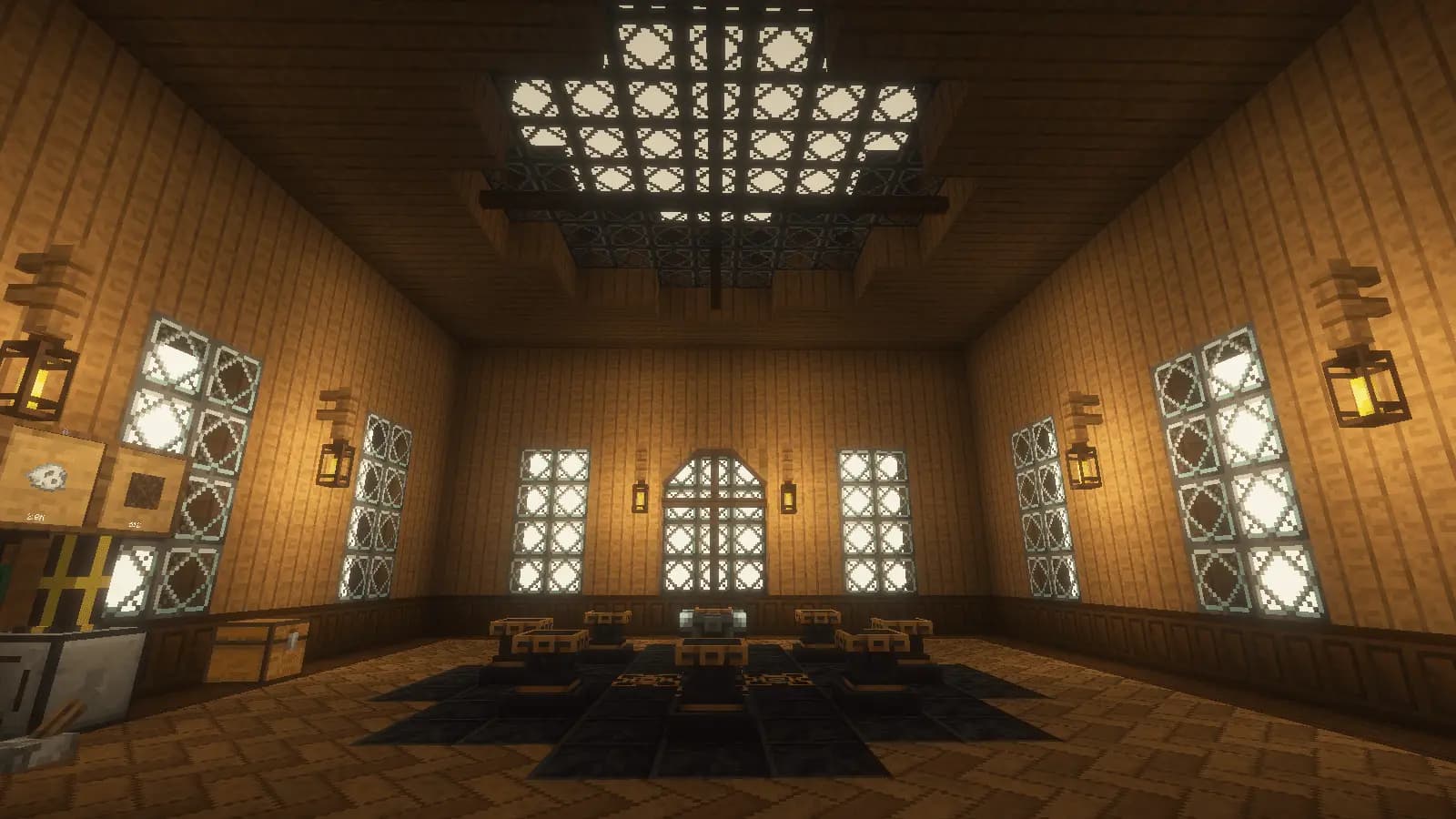 A lantern-lit wooden hall with machines on the floor, from the All the Mods 10 gallery