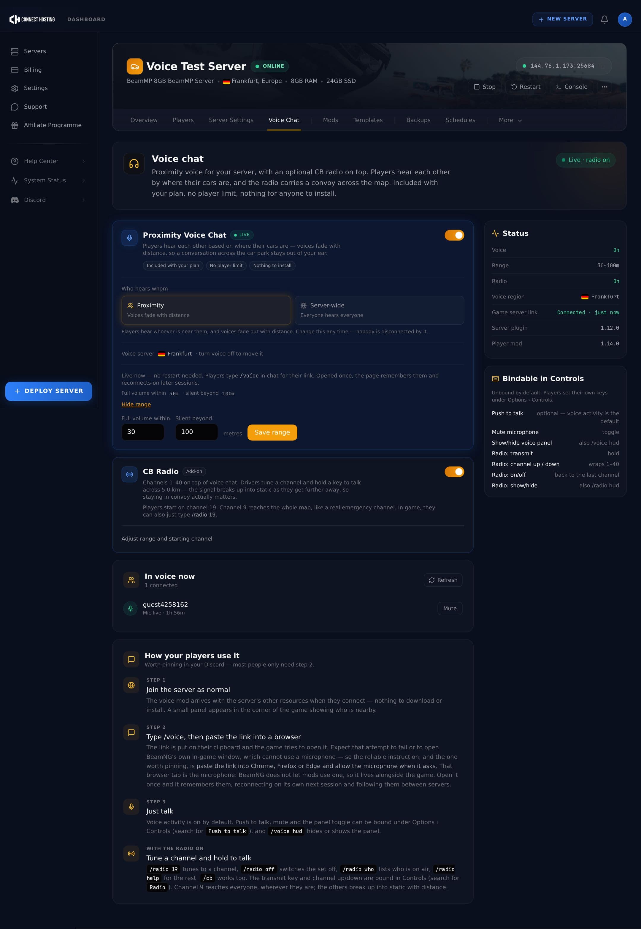 The Voice Chat tab of a BeamMP server in the Connect Hosting dashboard