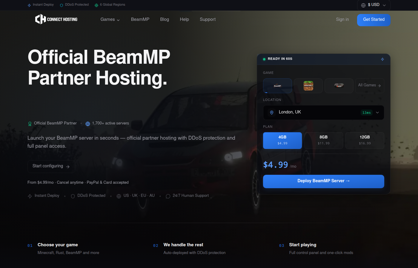 Connect Hosting new platform homepage with server configurator
