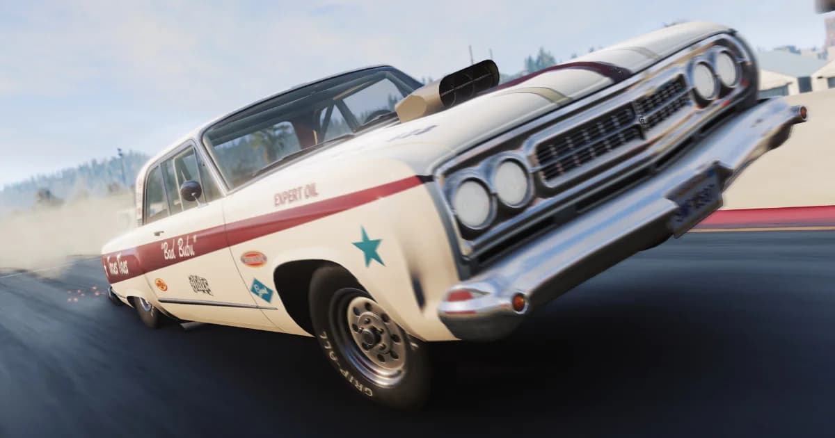 A vintage American car lifting its front wheels in a burnout in BeamNG.drive