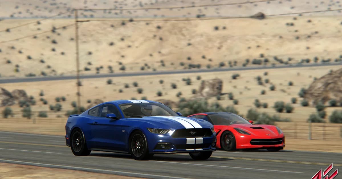 Two cars sharing an open desert highway in Assetto Corsa, as AI traffic would