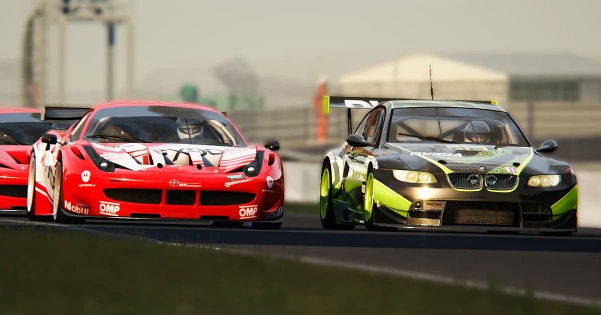 Two GT race cars battling side by side during a race in Assetto Corsa
