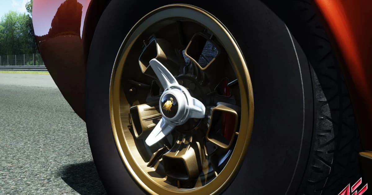 Close-up of an Assetto Corsa car wheel and brake assembly