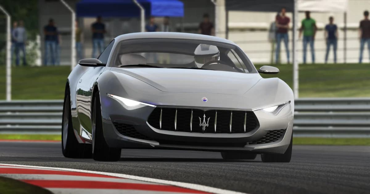 A silver Maserati Alfieri on a race circuit in Assetto Corsa