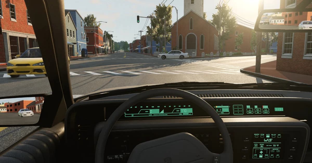 Driver-seat dashboard view while driving through a town in BeamNG.drive