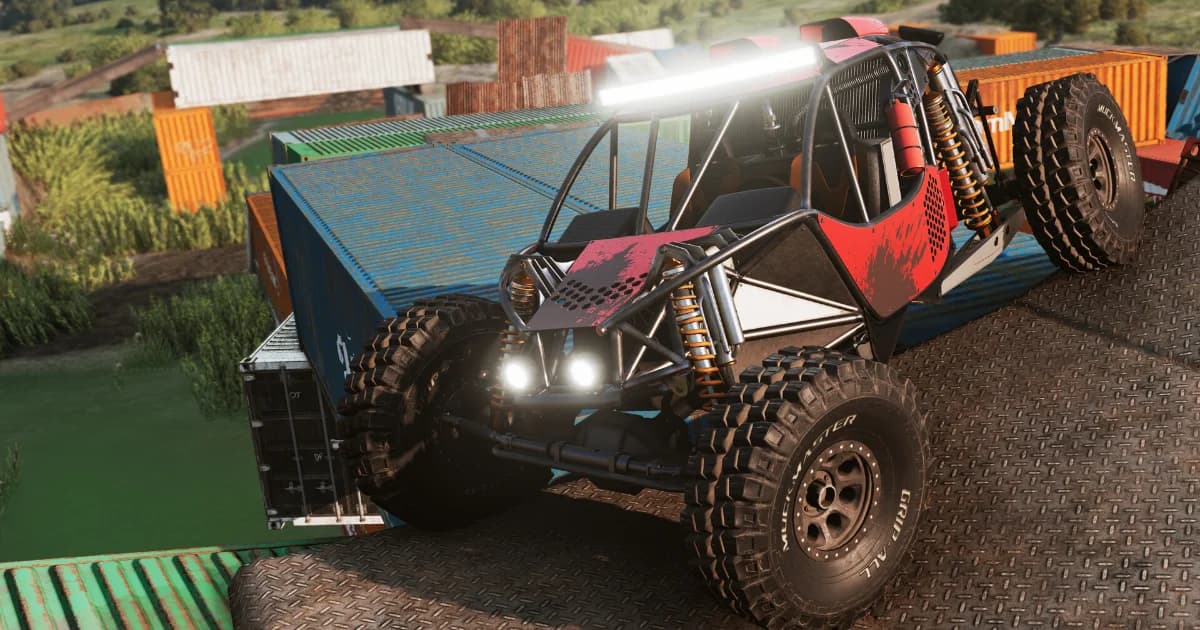 A heavily modified off-road buggy on a course in BeamNG.drive