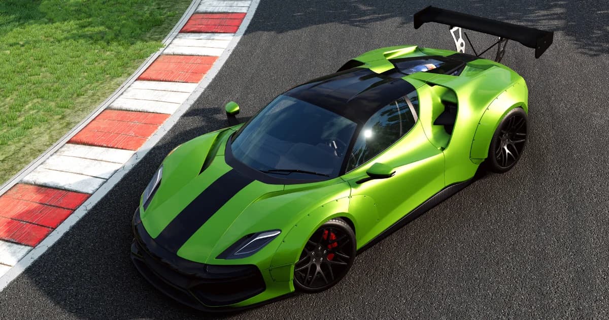 A green supercar cornering on a race track in BeamNG.drive
