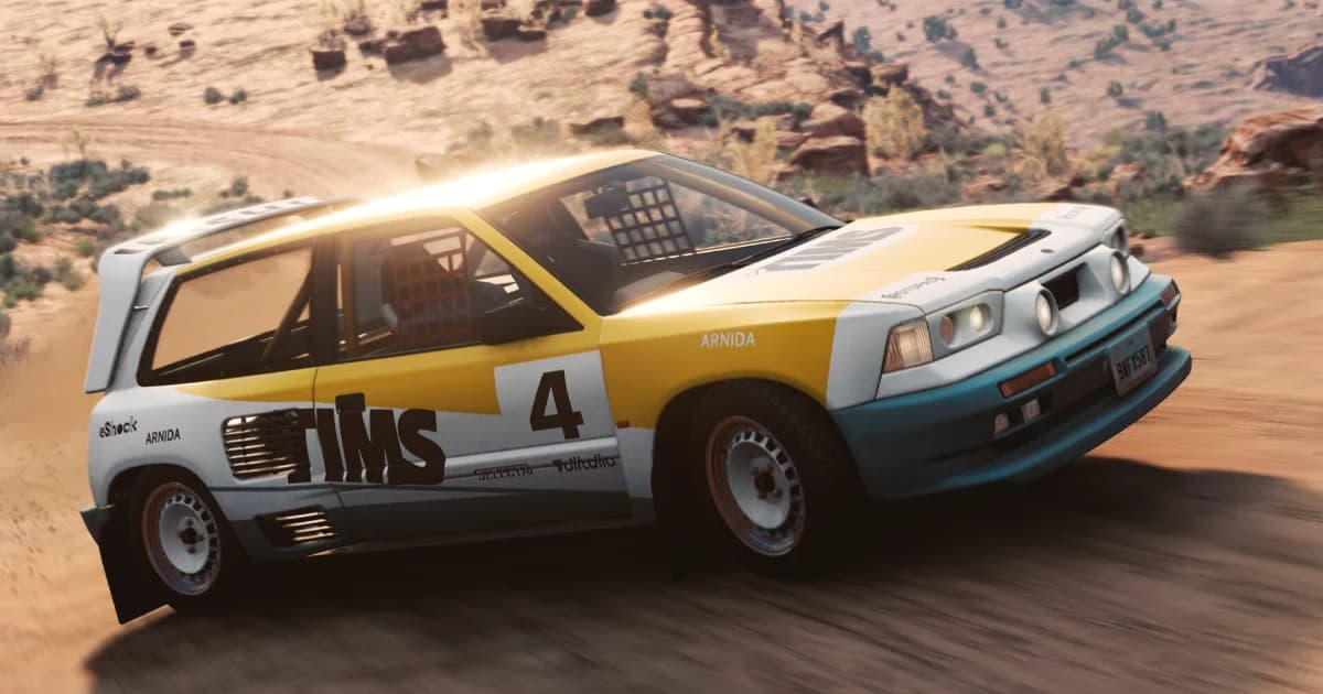 A yellow and white rally car sliding through dirt in BeamNG.drive