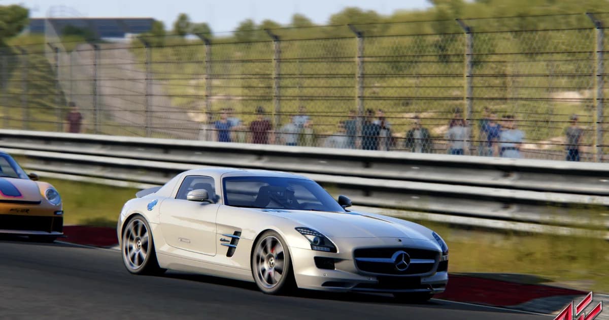 A Mercedes SLS passing packed spectator stands in Assetto Corsa