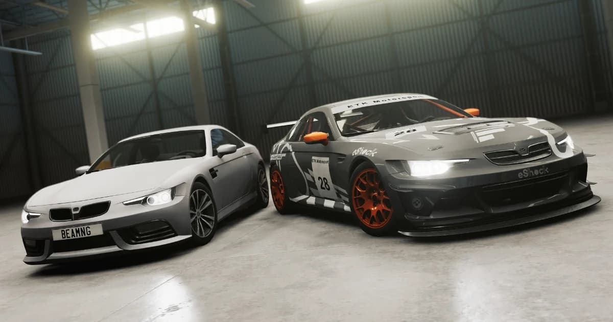 Two modified cars parked in a garage in BeamNG.drive