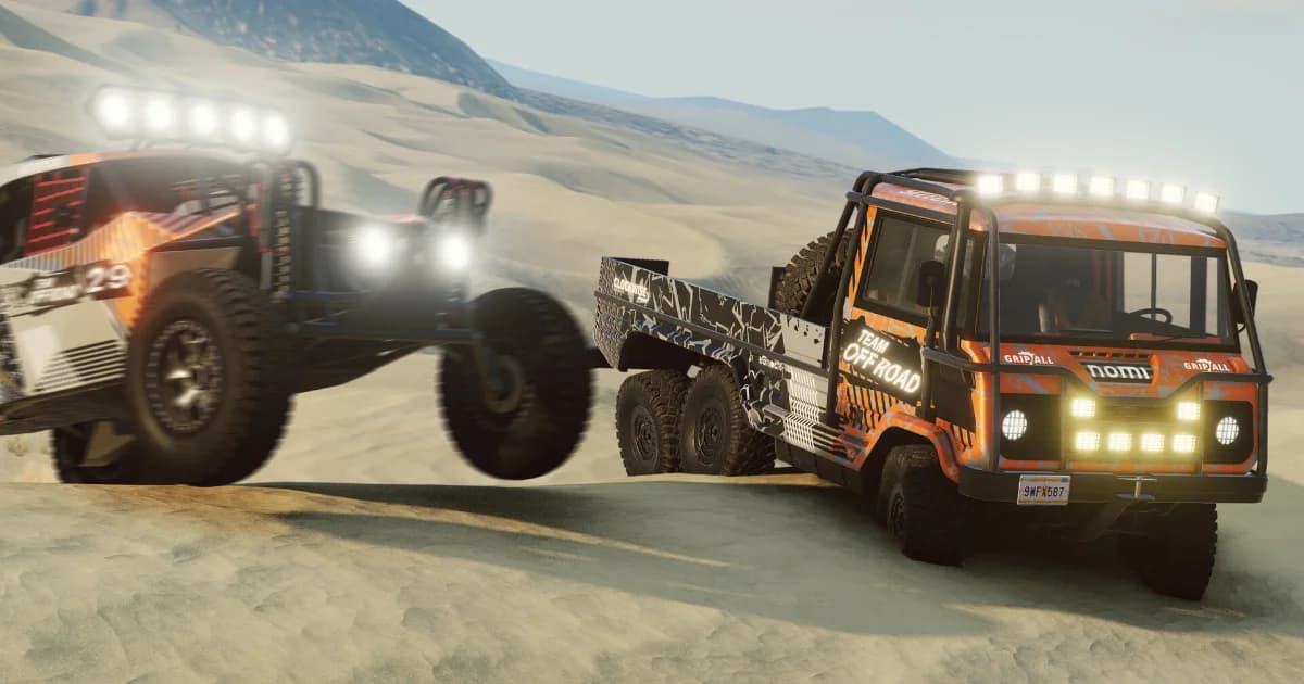 Two off-road trucks racing side by side through the desert in BeamNG.drive