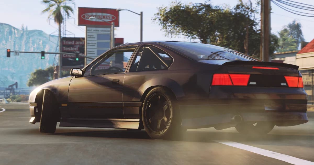 A black sports car driving a palm-lined street in BeamNG.drive