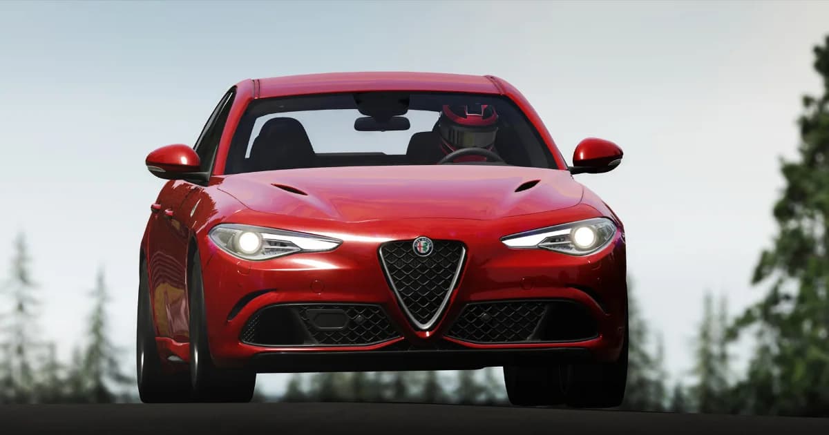 A red Alfa Romeo Giulia cruising a tree-lined road in an Assetto Corsa freeroam server