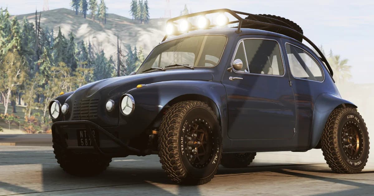 A small vintage car converted for off-road use in BeamNG.drive