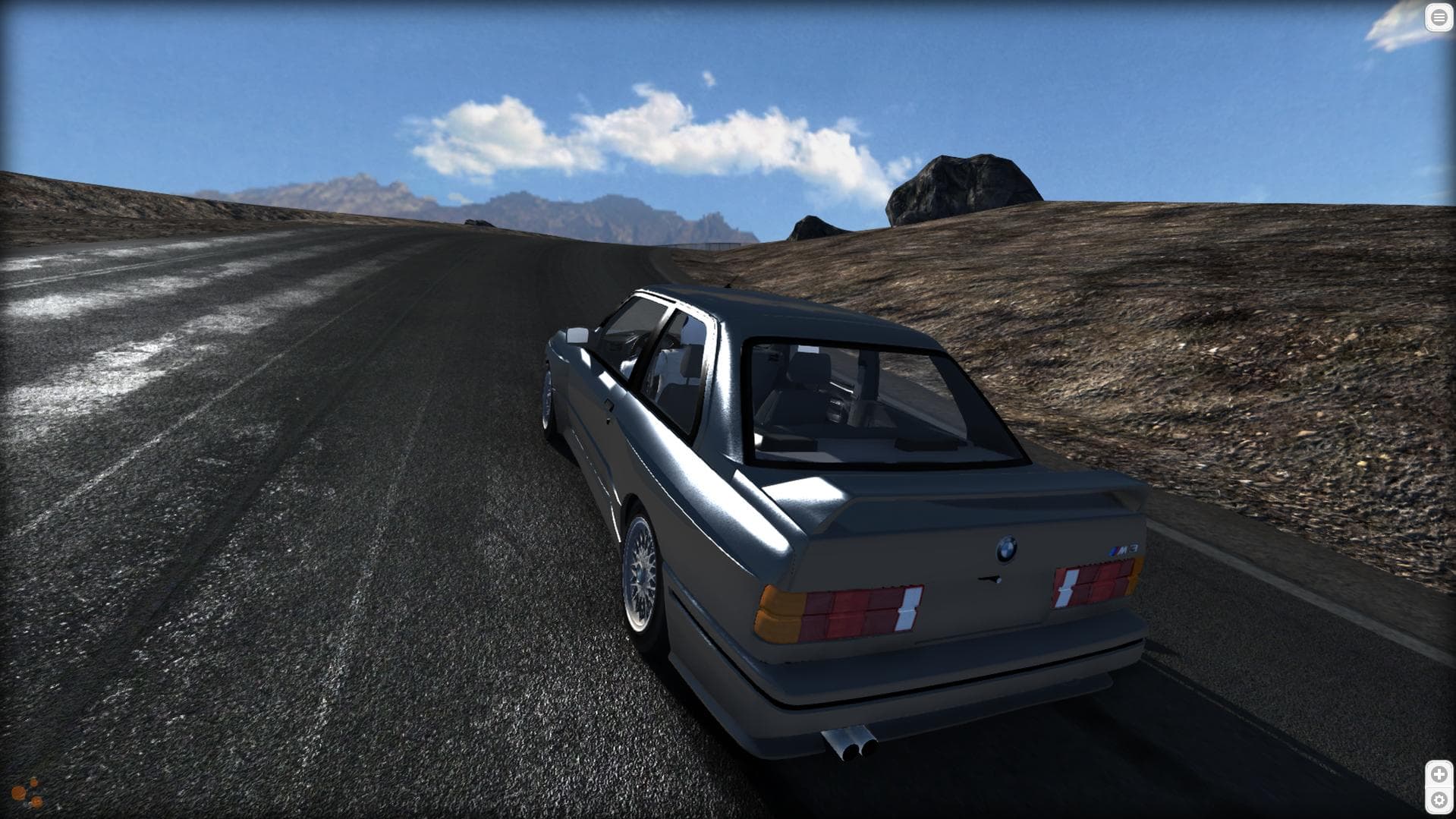 An empty BeamNG highway at dusk with a single car — the BeamMP server list during a backend outage