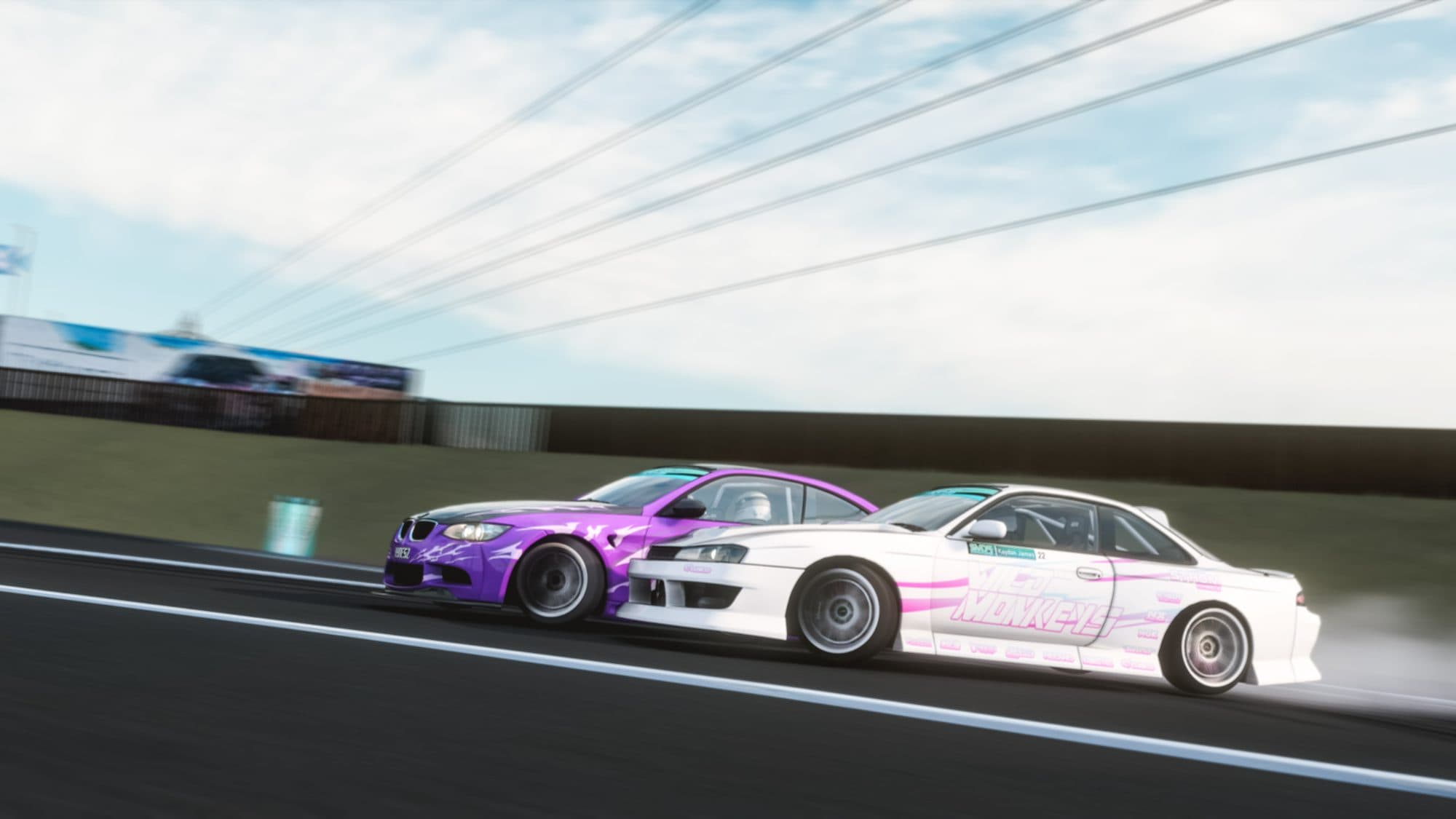 Two drift cars in tandem on a modded Assetto Corsa track