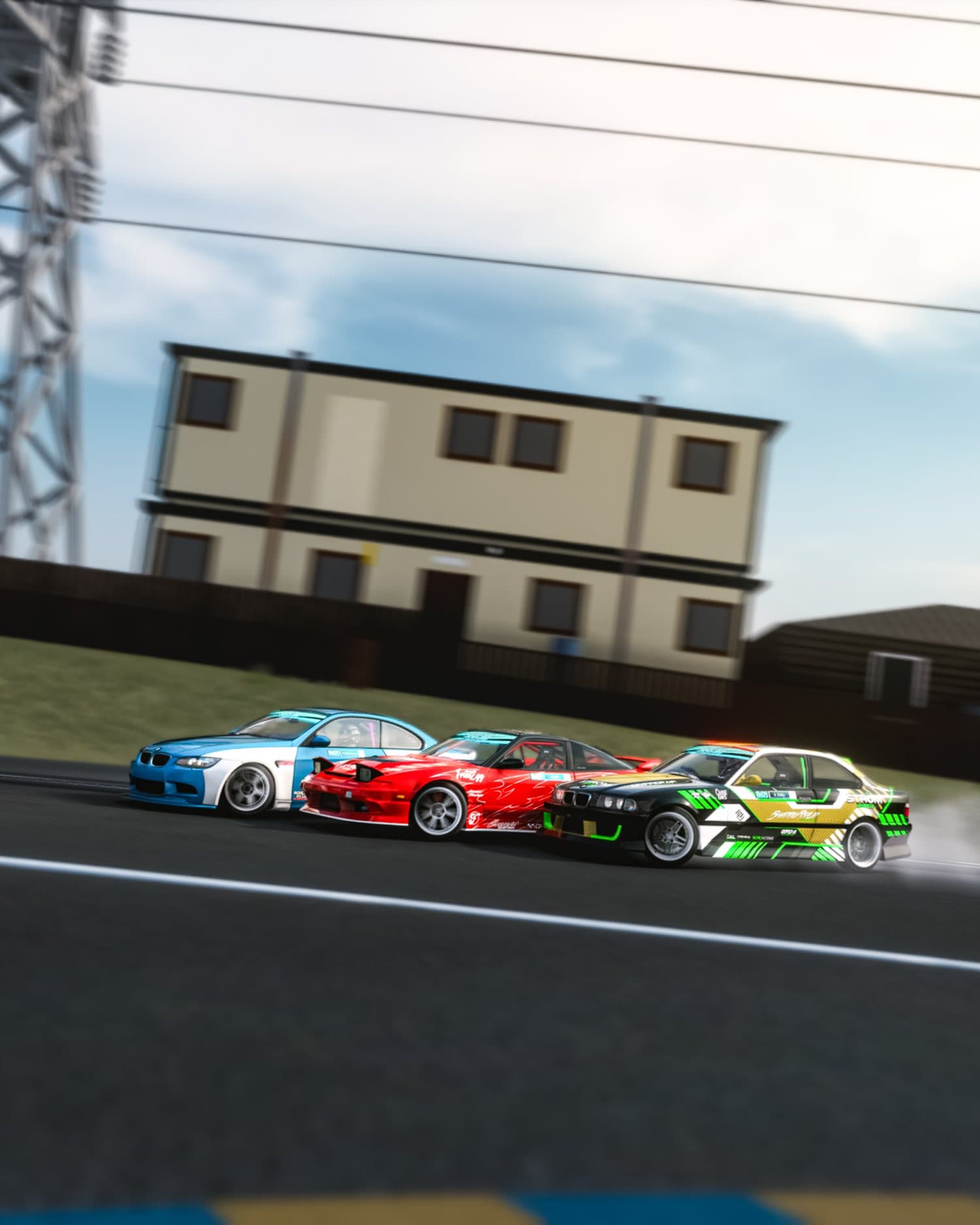 A convoy of modded cars cruising together on an Assetto Corsa freeroam server