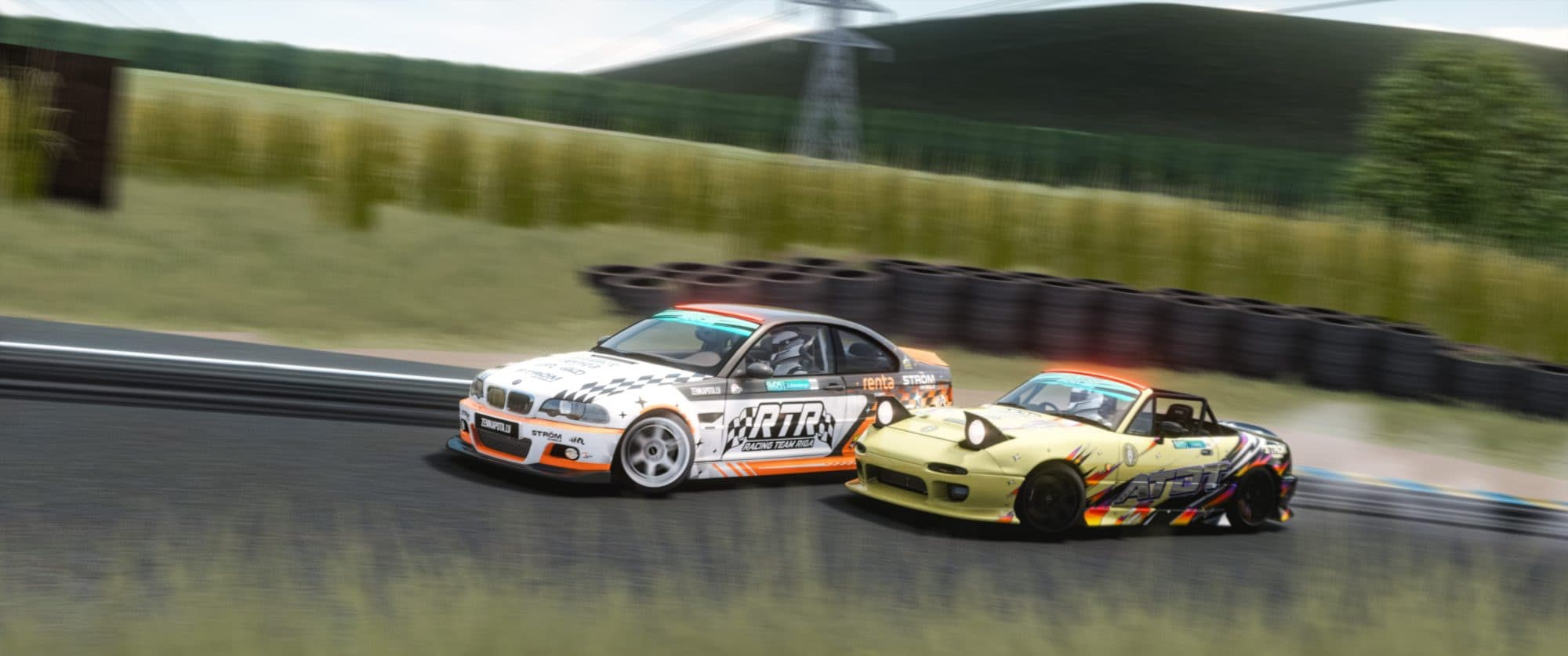 Two touring cars racing wheel-to-wheel on an Assetto Corsa racing server