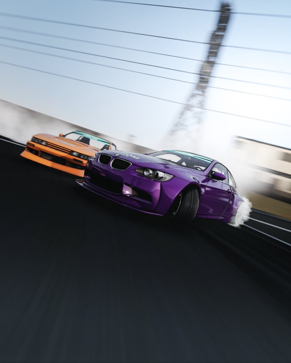 BMW M3 and Nissan S13 running a tandem drift in Assetto Corsa