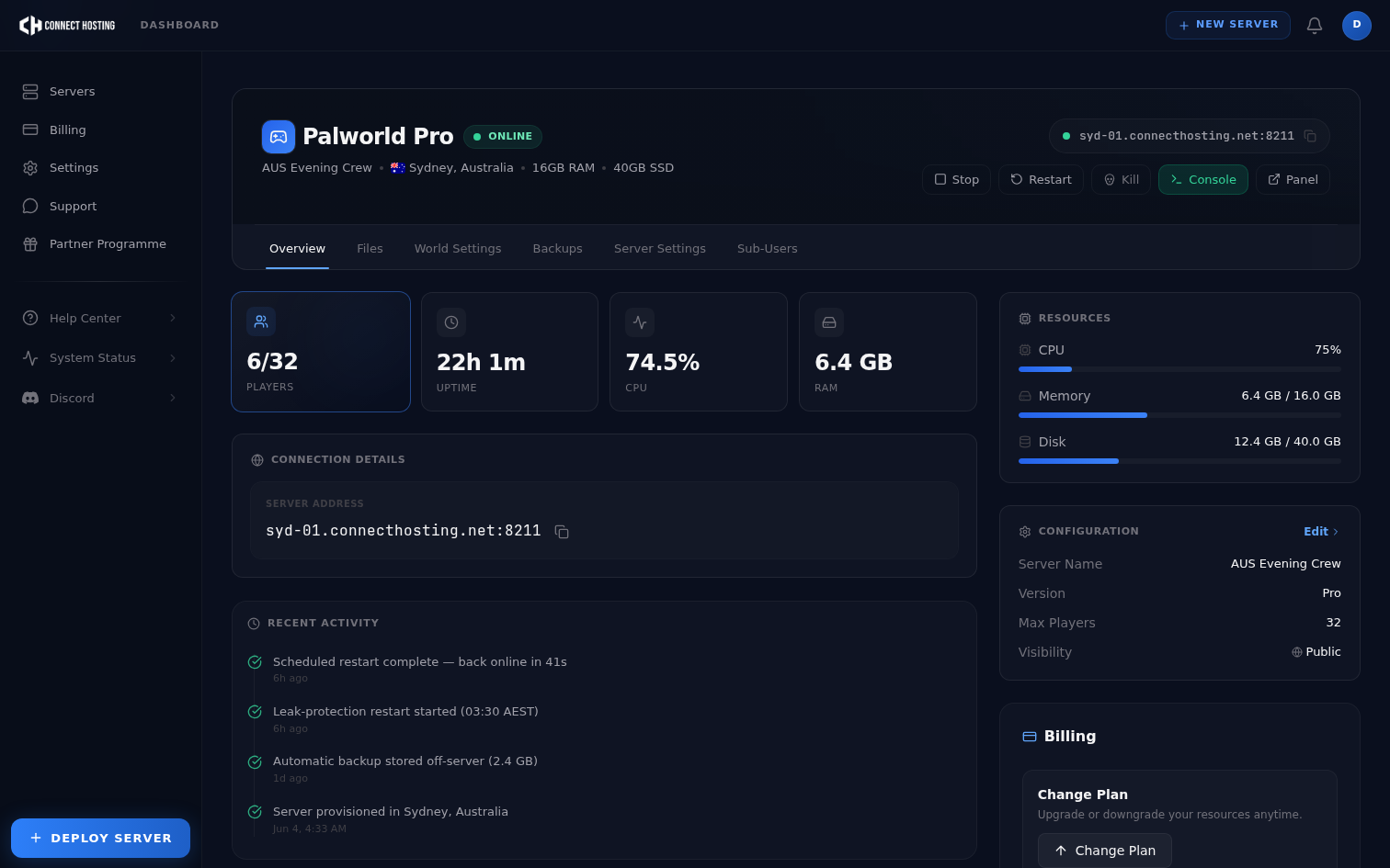 The Connect Hosting control panel for a Palworld server in Sydney, Australia — showing 6 of 32 players online, resource usage, and the nightly leak-protection restart in the activity log
