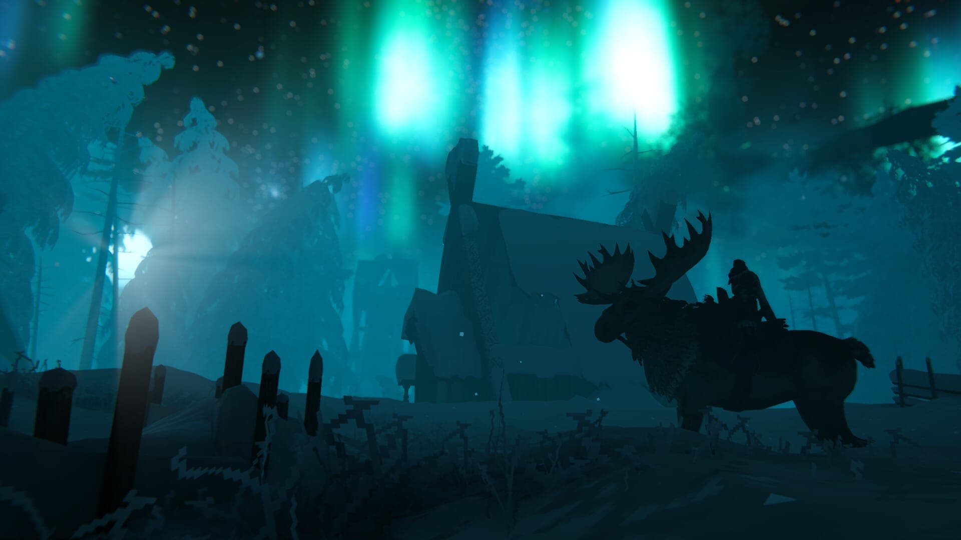 A Valheim longhouse under the aurora, with a tamed Lox standing outside