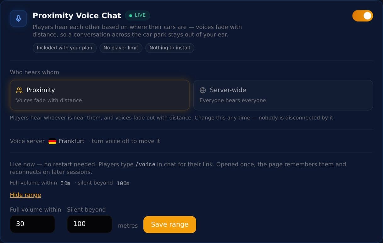 The Proximity Voice Chat card in the Connect Hosting dashboard: one switch, Proximity or Server-wide, voice server region, and range in metres