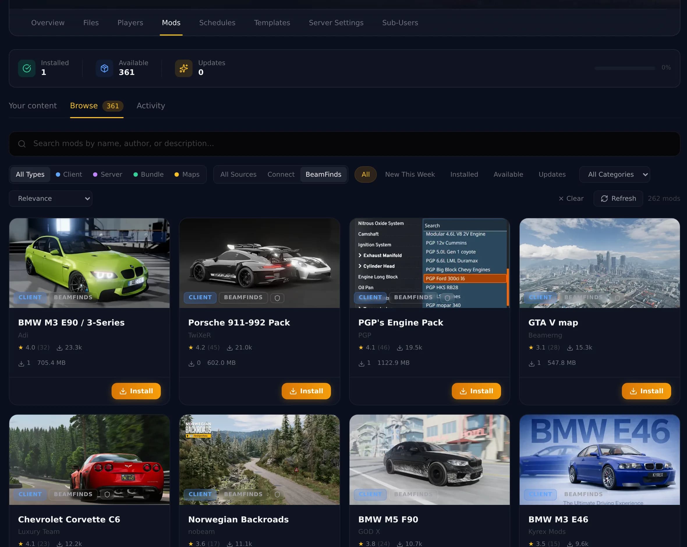 Connect Hosting BeamMP Mod Manager with BeamFinds integration and one-click mod installation