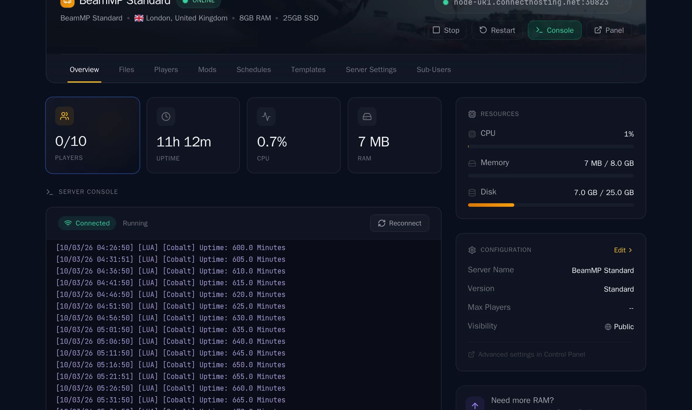 Server Overview — Connect Hosting BeamMP panel