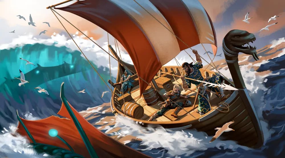 Valheim key art: a Viking crew rowing a longship through a storm