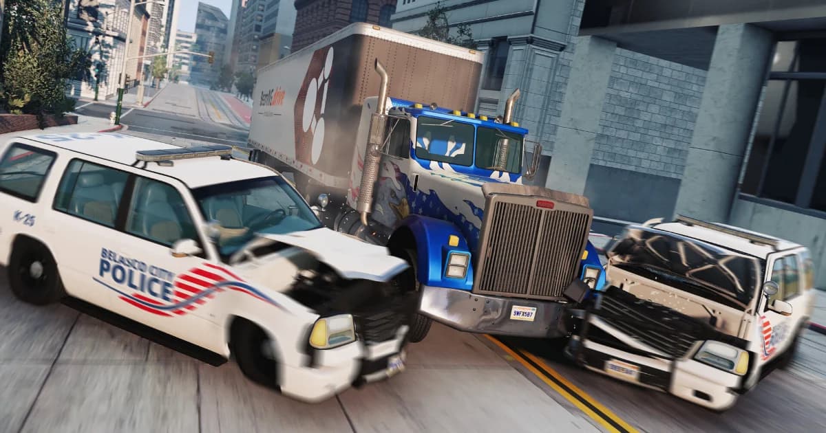 A multi-vehicle pile-up with a police car and truck in BeamNG.drive multiplayer