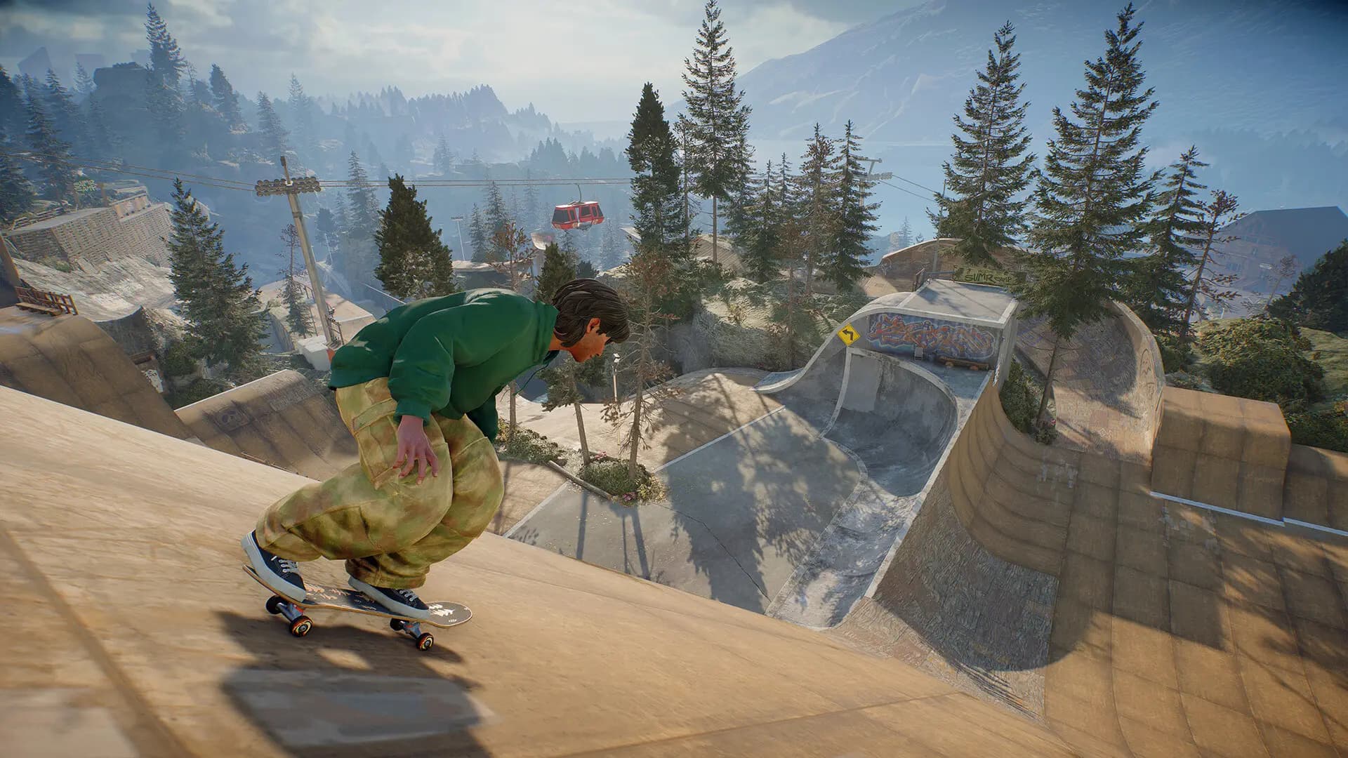 A skater dropping into a concrete bowl at a forest skatepark in skate.