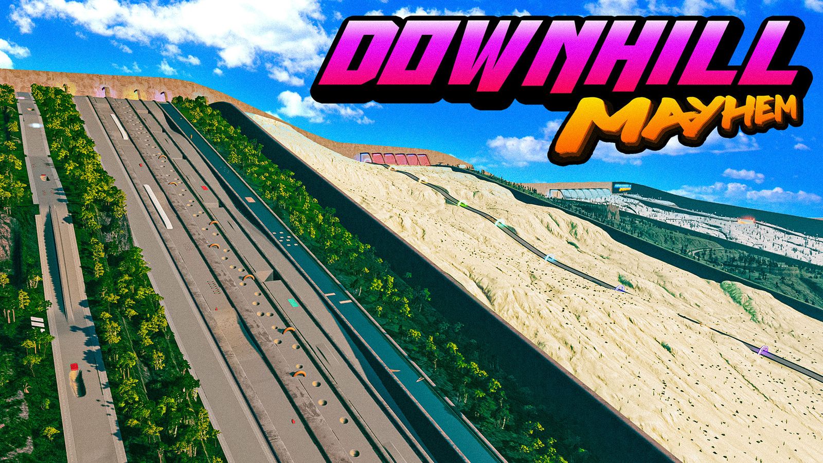 Downhill Mayhem BeamNG map — aerial view of the downhill challenge courses, available in the Connect Hosting one-click mod library
