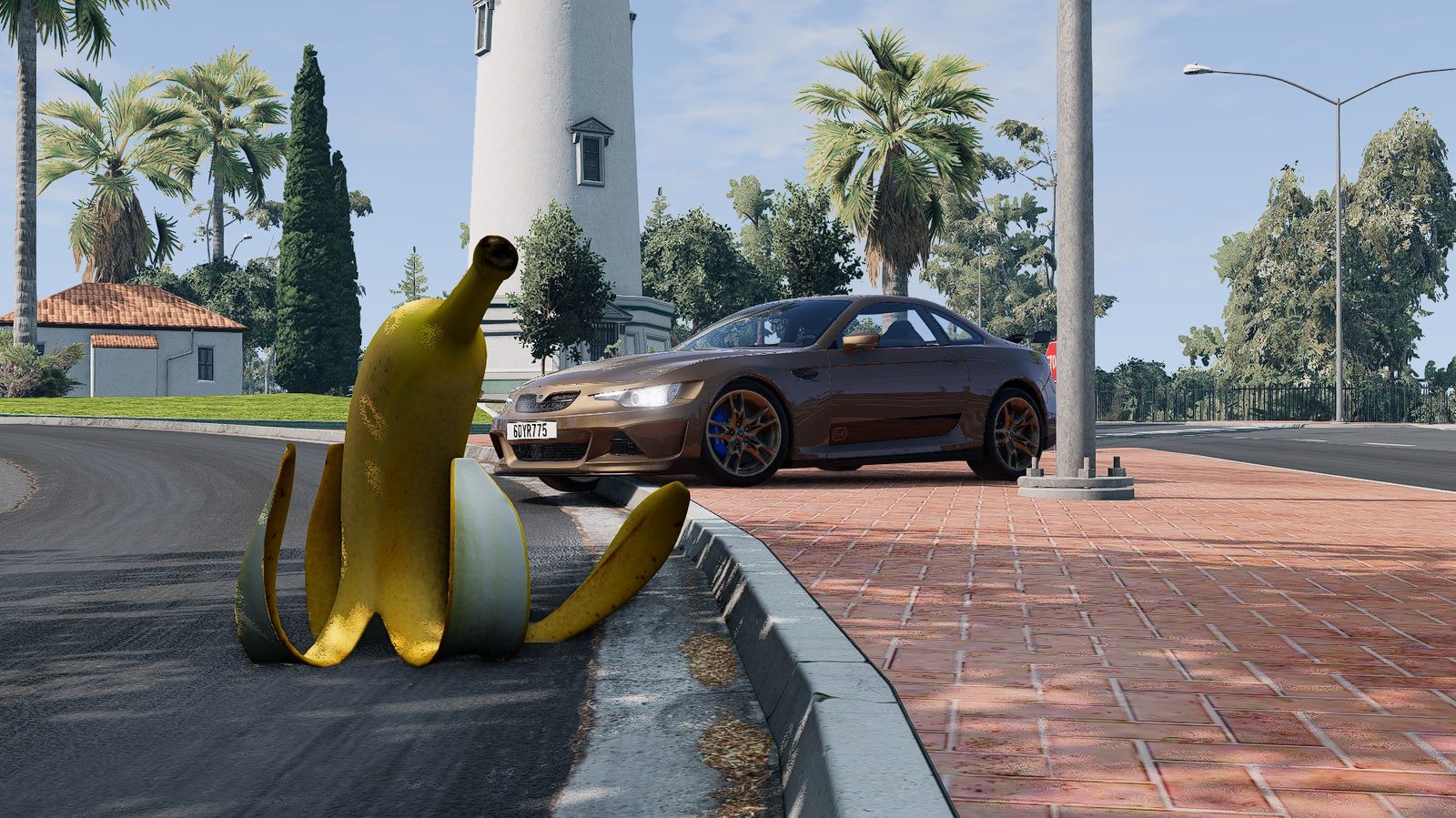 PowerUps banana pickup in BeamNG multiplayer — arcade combat items dropped on the road behind a car