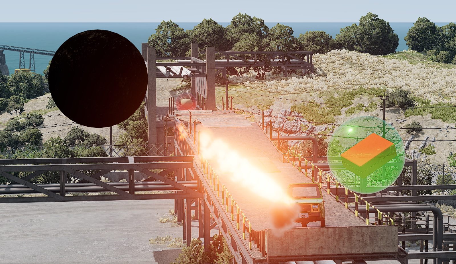 PowerUps cannon in BeamNG.drive multiplayer — a vehicle firing an offensive powerup at another car