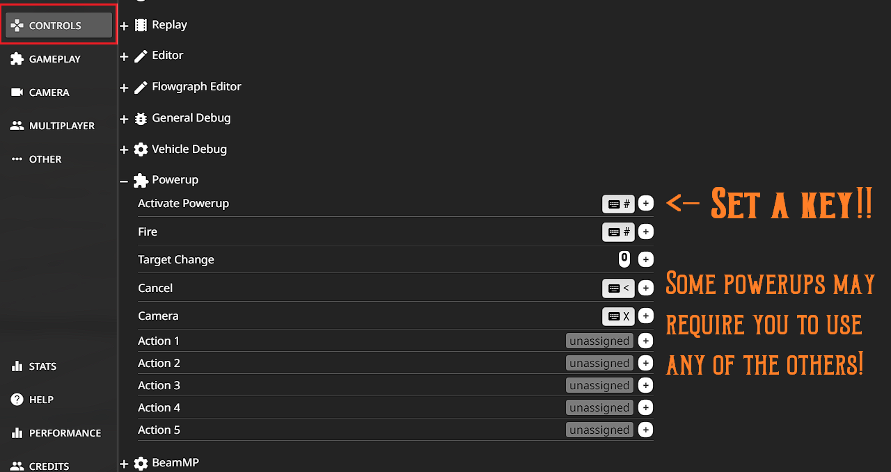 PowerUps control bindings screen in BeamNG.drive