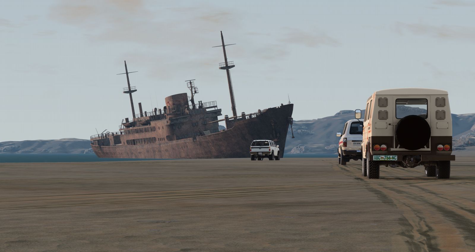 Skeleton Coast BeamNG map — off-road convoy passing a rusted shipwreck on the coastal desert, now one-click installable on Connect Hosting BeamMP servers