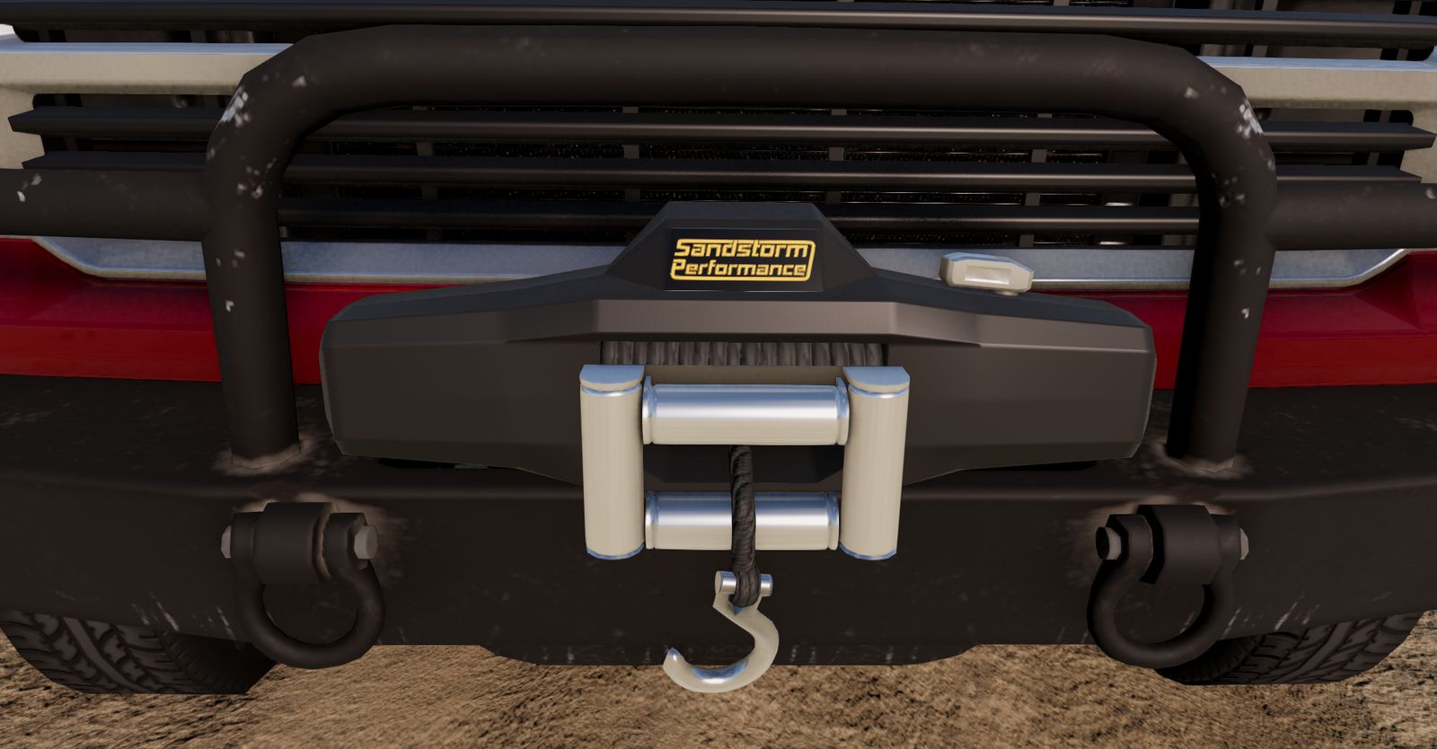 SP Winch mod for BeamNG — off-road truck using the working winch to recover a stuck vehicle, a must-have utility mod for BeamMP off-road servers