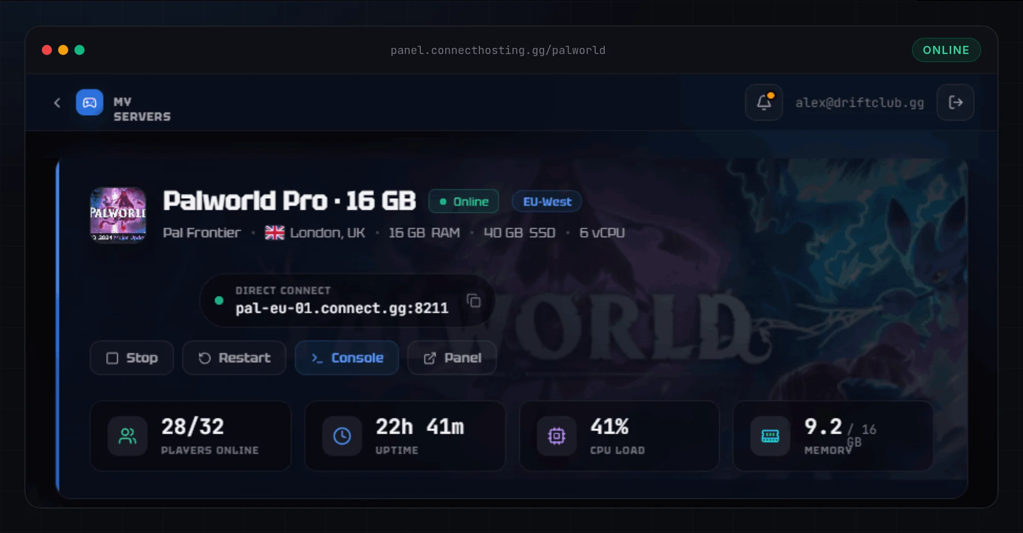 The Connect Hosting control panel running a Palworld server, showing status, direct connect address, player count, uptime, CPU load and memory use