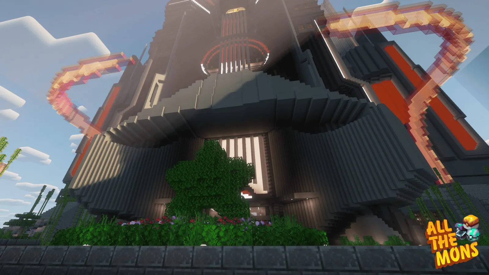A monumental dark stone fortress in All the Mons, wrapped in glowing orange energy coils under a bright sky