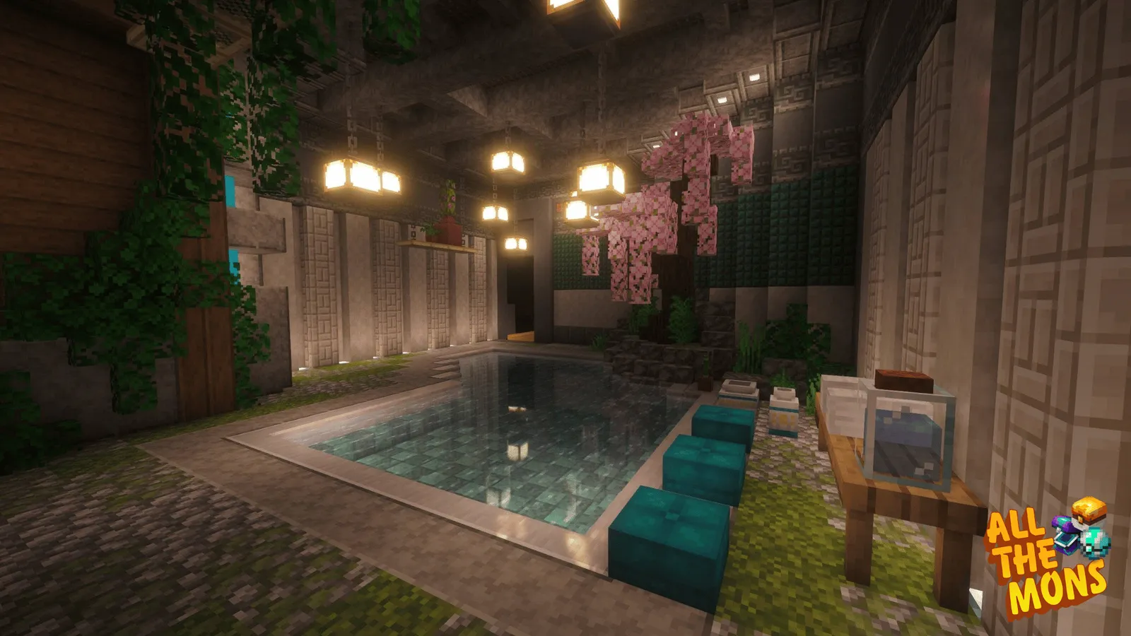 Indoor pool room in an All the Mons build — cherry blossom tree, hanging lanterns and mossy stone flooring