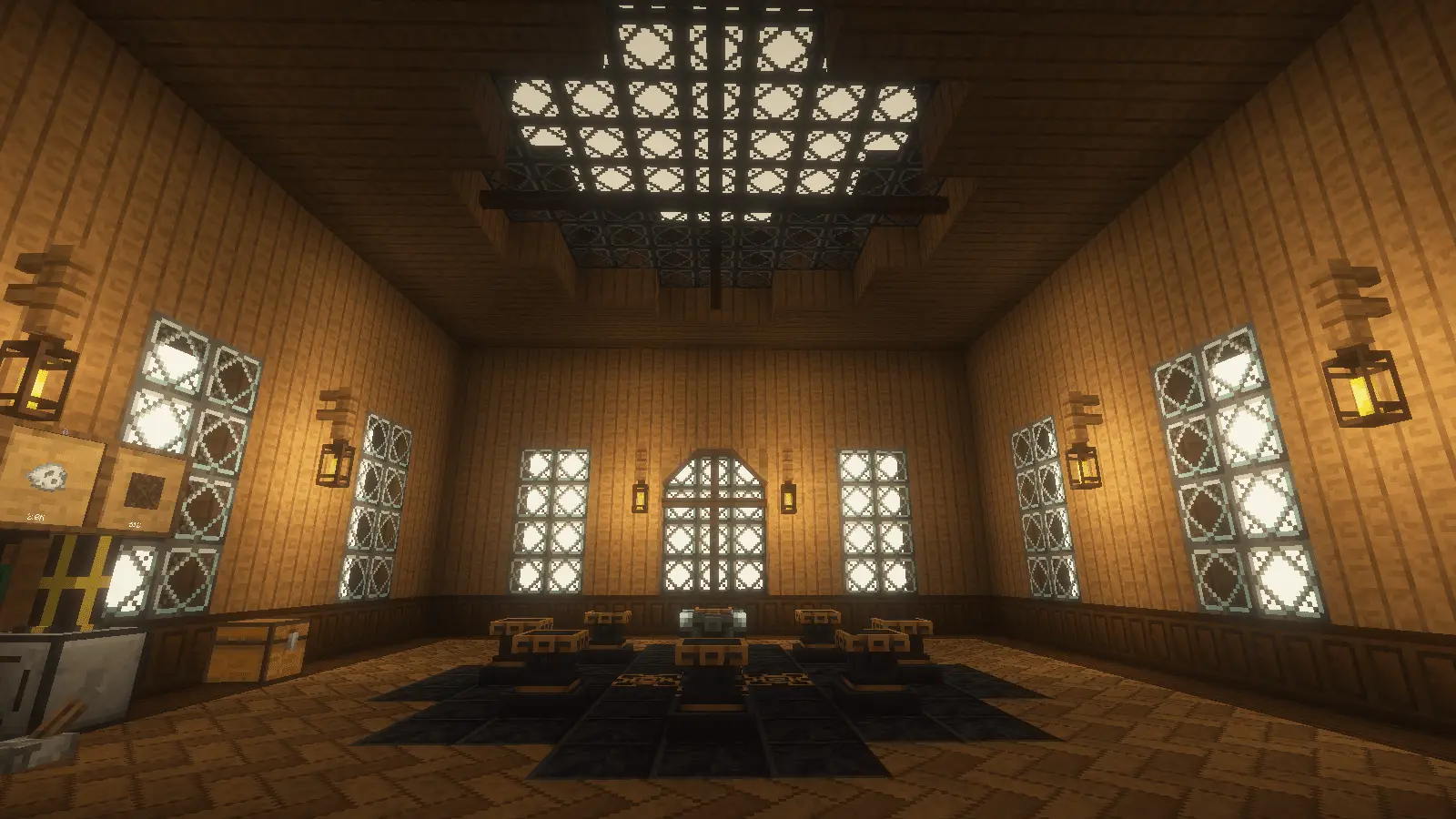 A grand timber hall built in All the Mods 10, lined with lanterns, patterned glass and rows of machine blocks