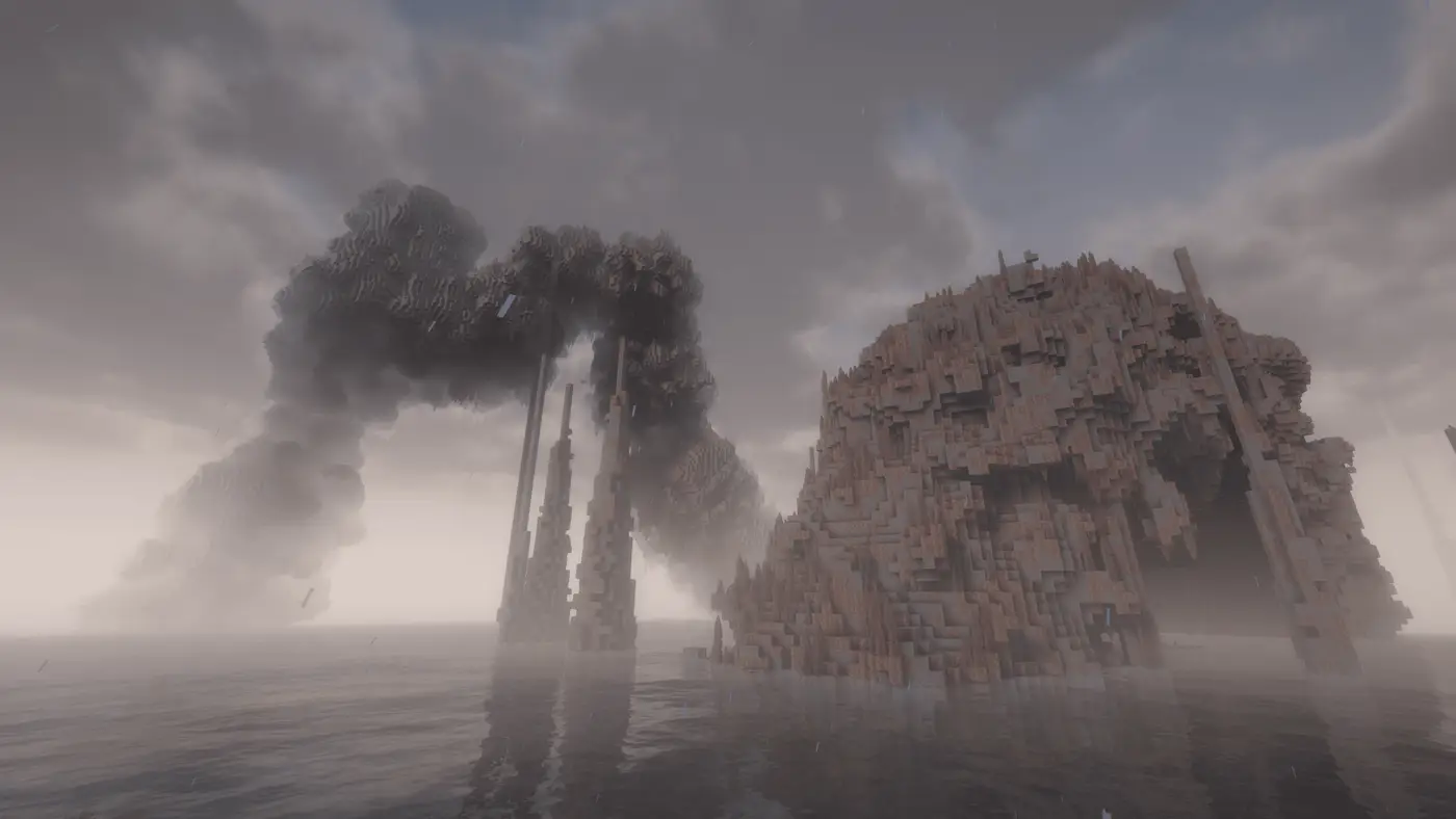 A colossal ruined statue rising out of a fog-covered ocean in an All the Mods 10 world