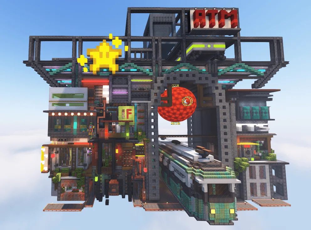 A towering ATM10 To the Sky base floating above the clouds, with an ATM sign, a glowing star and a train running through its lower floors