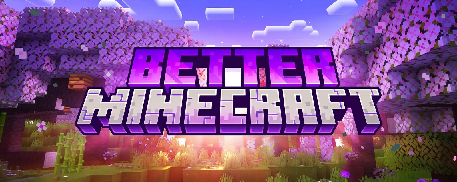 Better Minecraft logo art over a cherry-blossom biome at golden hour