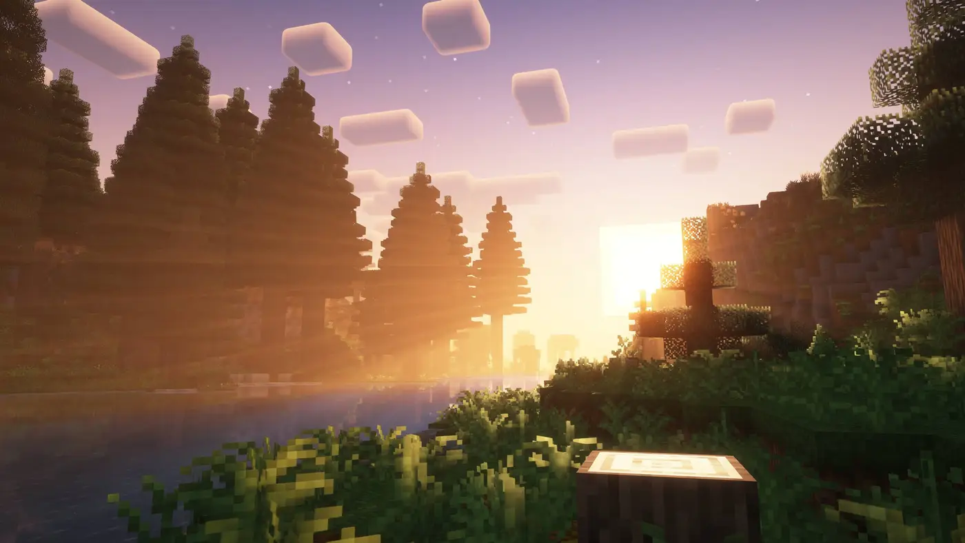 Sunrise over a pine forest and river in Better MC, with drifting clouds and shader lighting