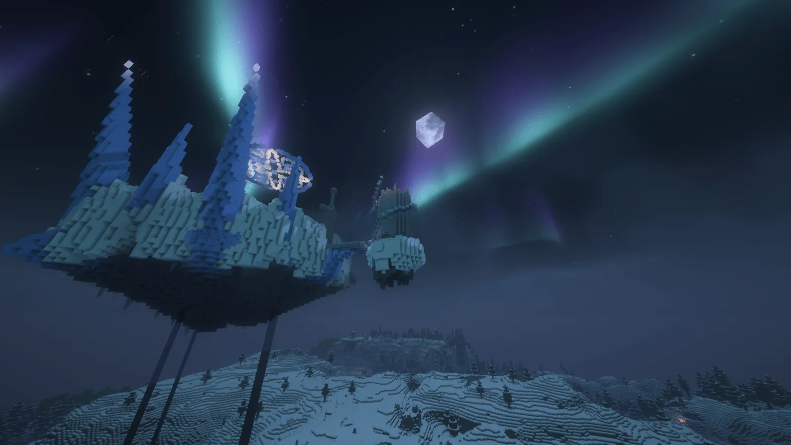 A floating ice island with frozen spruce trees under an aurora and full moon in Beyond Depth